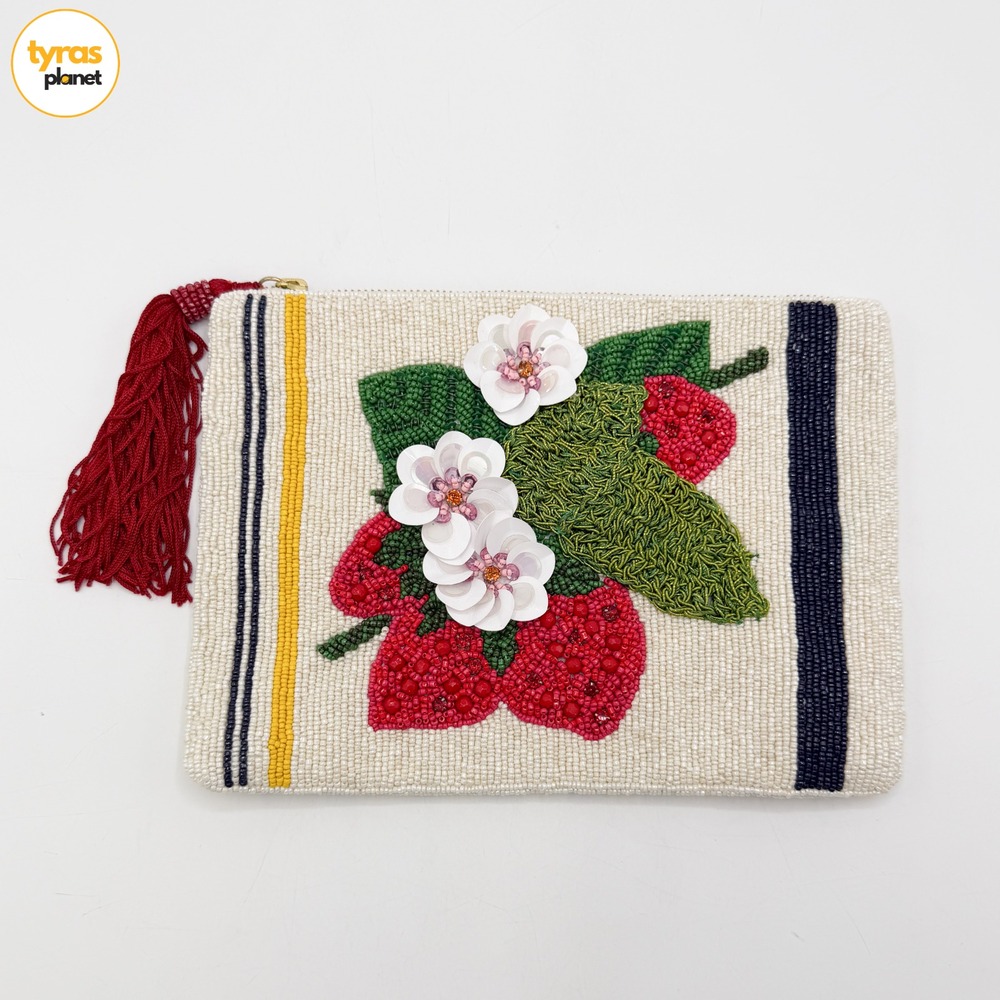 Anthropologie Fiona Beaded Floral Strawberry Stripes Pouch Clutch Bag Multi
